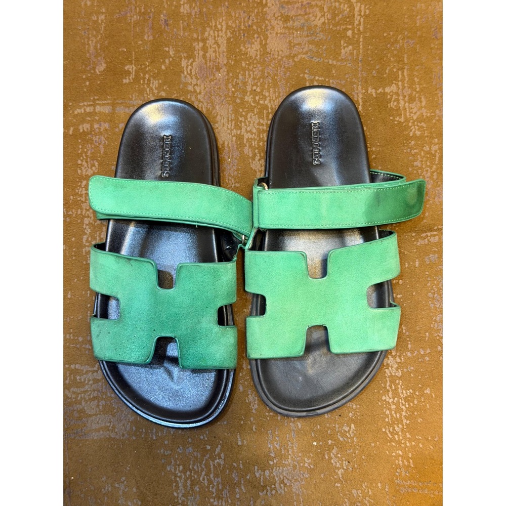 Hermes Chypre Sandals Green Suede Leather H Strap Slides Made in Italy